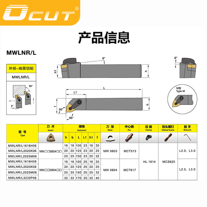95-degree composite cylindrical turning tool holder MWLNR/L2020K08 + WNMG0804 peach-shaped inserts, 10 pieces details Picture