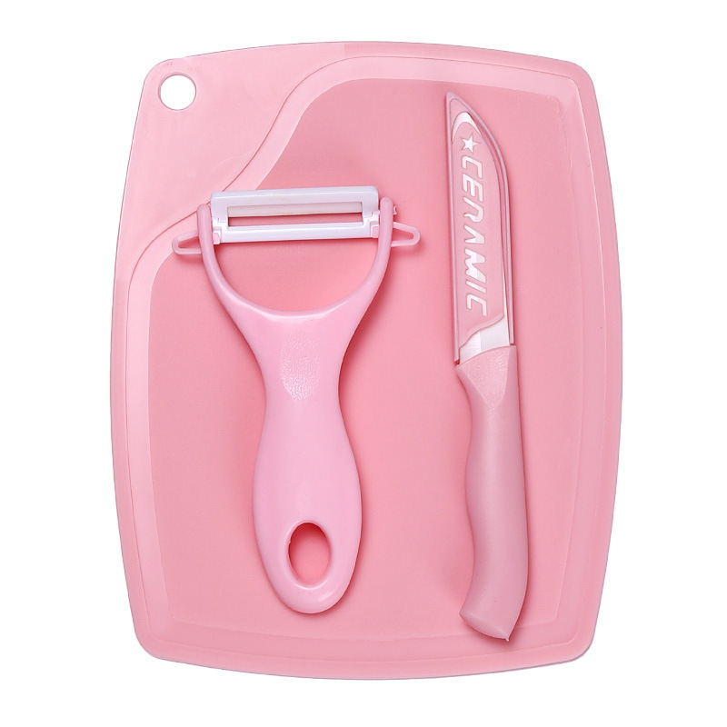 Wholesale of fruit knife, melon peeler, cutting board, three-piece set, ceramic peeler, fruit cutting board set, kitchen gift knives Item Picture