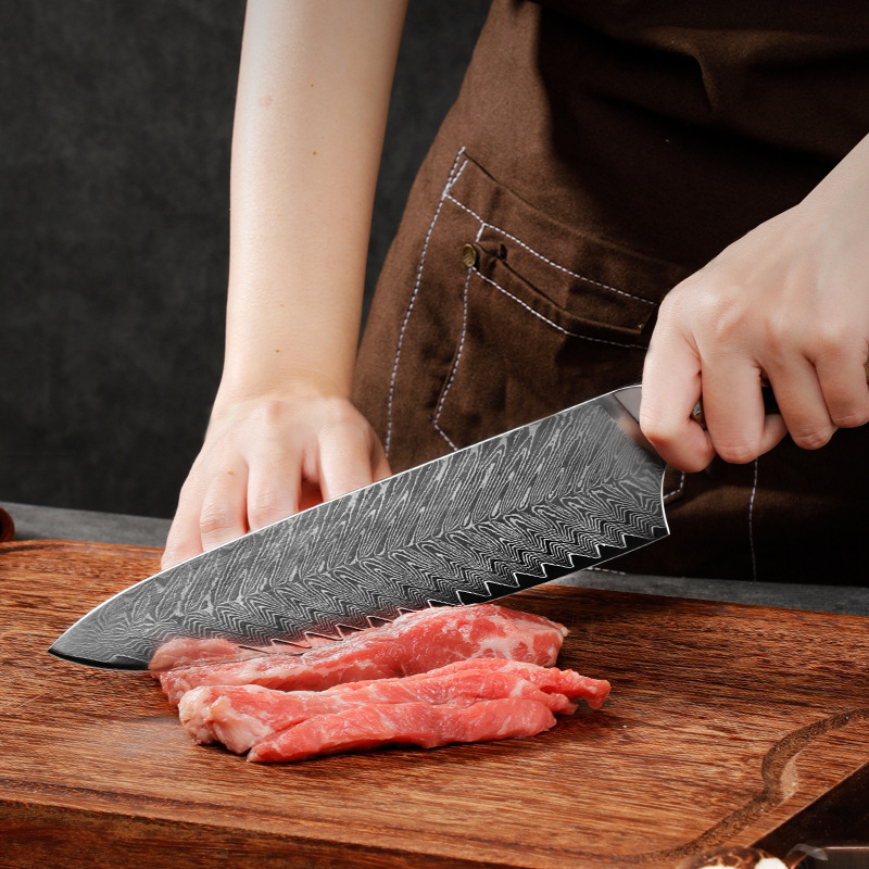 VG10 steel core Damascus steel chef knife, kitchen knife, resin-stabilized wood handle, high-end kitchen knife, slicing knife details Picture