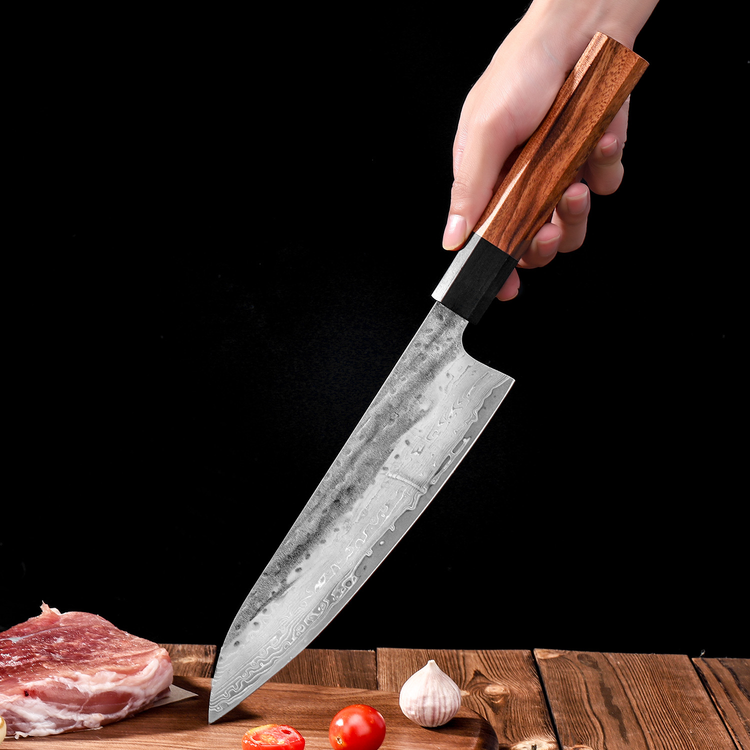 Sandalwood handle Damascus steel VG10 knife set, cutting sub-knife, chef's knife, all-purpose knife, fruit knife, forging hammer texture Specification drawing