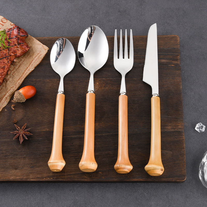 New Luohan Bamboo Western Dining Tableware Stainless Steel Knife and fork 4-piece set, high-end household tableware steak cutting knife and fork gift box details Picture
