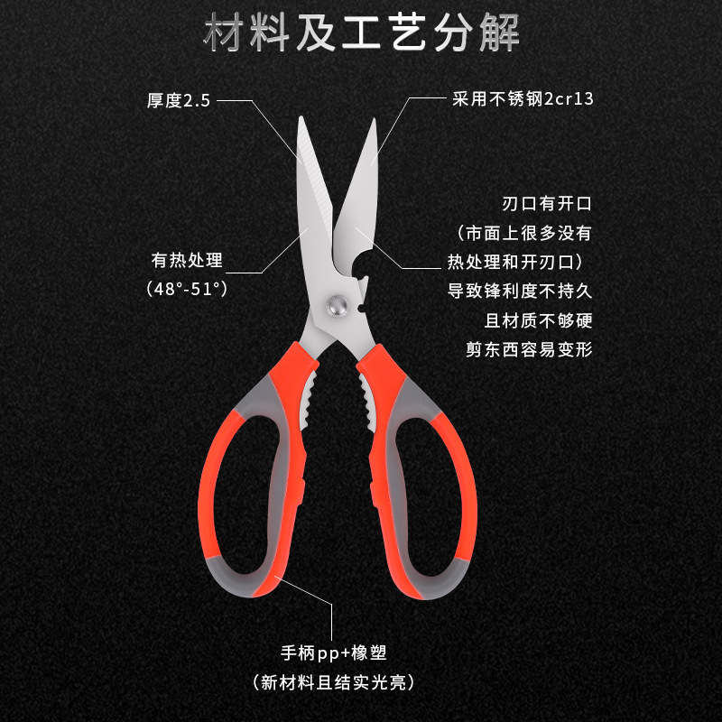 Wholesale of multi-functional stainless steel kitchen household 9340 chicken bone scissors, outdoor barbecue bottle opener, walnut cracker Specification drawing