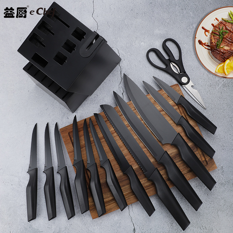 A 14-piece set of kitchen knives in stock for export, with a solid wood knife holder for convenient storage. Complete kitchen combination details Picture
