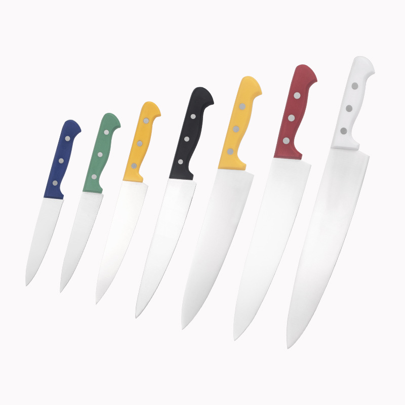 The hotel kitchen classifies raw and cooked food with colorful handles, chef's knives, head chef's knives, and commercial Western-style knives Item Picture