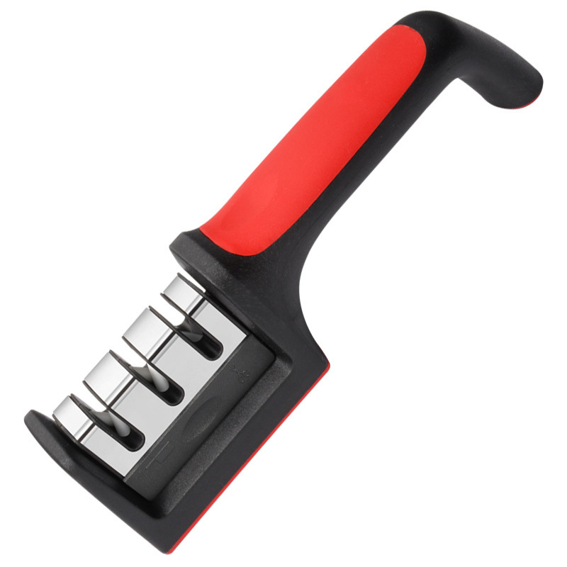 In-stock household quick knife sharpener, three-stage whetstone, multi-functional kitchen handheld stainless steel red and black knife sharpener Item Picture