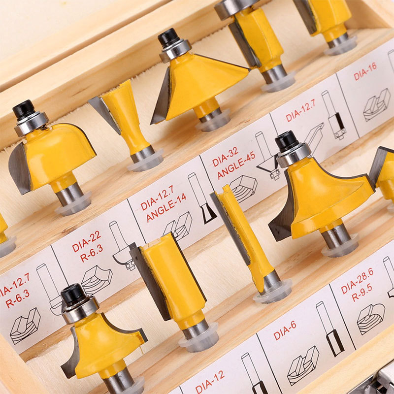 Wholesale of 12-piece milling cutter sets, woodworking milling cutter sets, edge decoration machines, engraving machines, tungsten steel alloy cutter heads details Picture