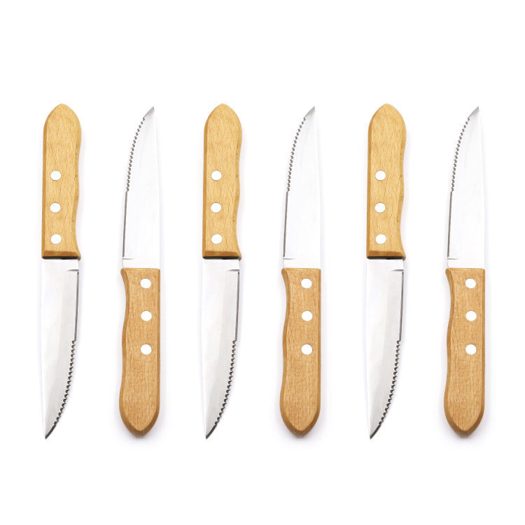 Factory pine wood handle half-sharpened half-serrated steak knife, steak table knife, Western cuisine knife tableware full figure