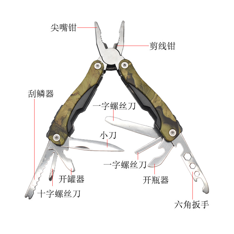 Factory direct sales of multi-functional folding tool pliers, combination knife pliers, tool tools, multi-purpose pliers, camouflage camping supplies, portable pliers details Picture