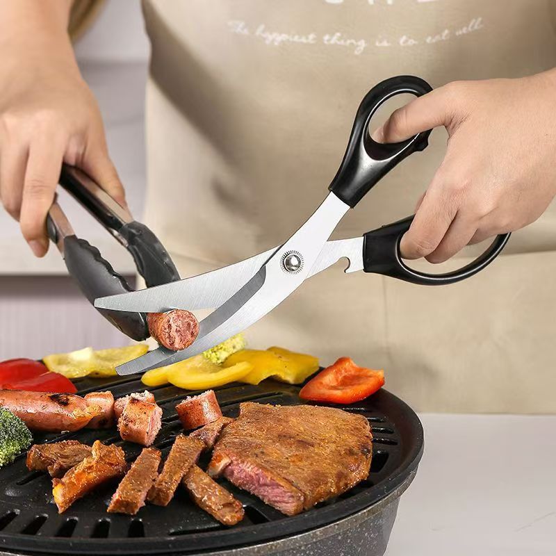 Thickened Korean-style stainless steel curved blade barbecue scissors, durable, powerful and anti-slip kitchen scissors, household scissors tools details Picture