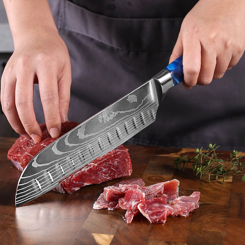 Kitchen knife, household Western Santoku knife, Japanese cooking knife, resin handle, Damas laser-patterned kitchen knife Specification drawing