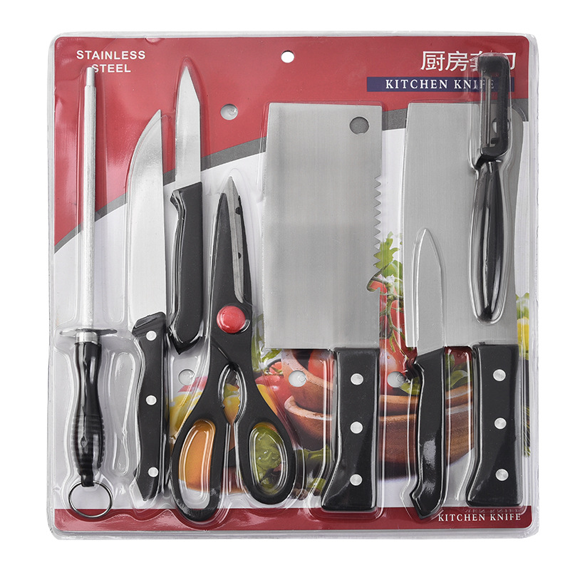 Factory stock of stainless steel +PP kitchen knives, chef knives, fruit knives, kitchen knives, meat cutting knives and suction card sets full figure