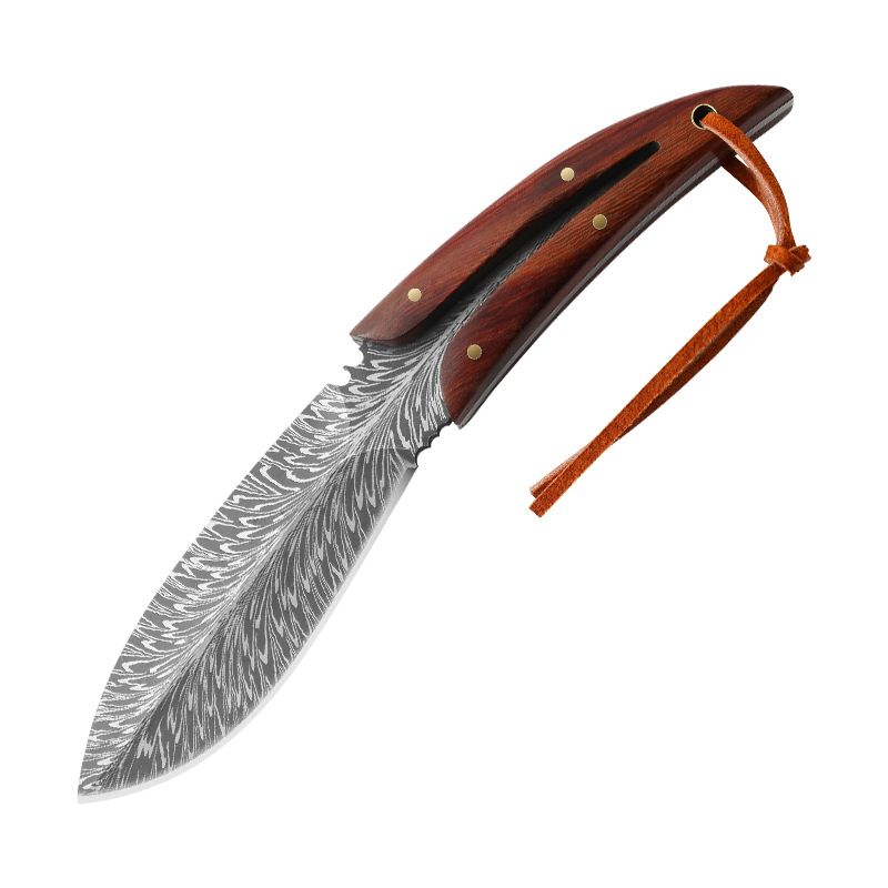 Feather-patterned outdoor self-defense small straight knife, wilderness survival knife, high-hardness hand-handled meat knife, fruit knife, small knife self-defense knife Item Picture