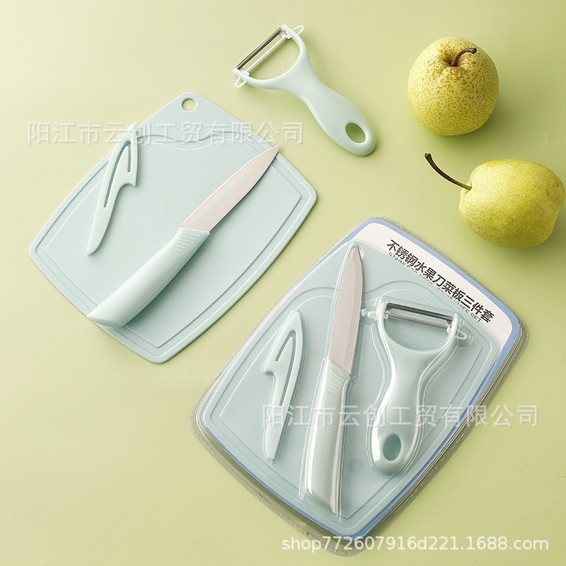 Wholesale of three-piece stainless steel knife sets, baby food peelers, outdoor products, multi-purpose cutting boards for fruits and vegetables, and fruit knives details Picture