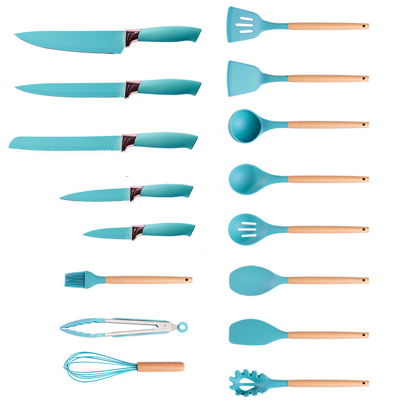 Silicone kitchenware set of 19 pieces, with storage cylinder, knife holder, storage rack, straw color set, knife combination set Specification drawing