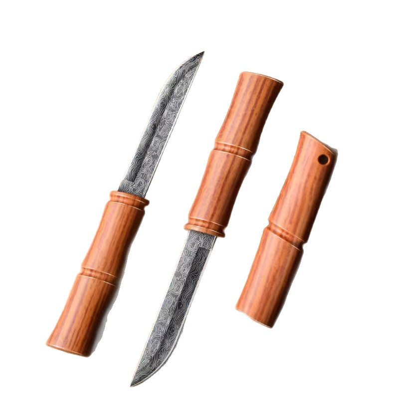 Red bamboo knife, bamboo joint fruit knife, portable outdoor camping hand-handled meat knife, kitchen stainless steel sheathed fruit peel knife Item Picture