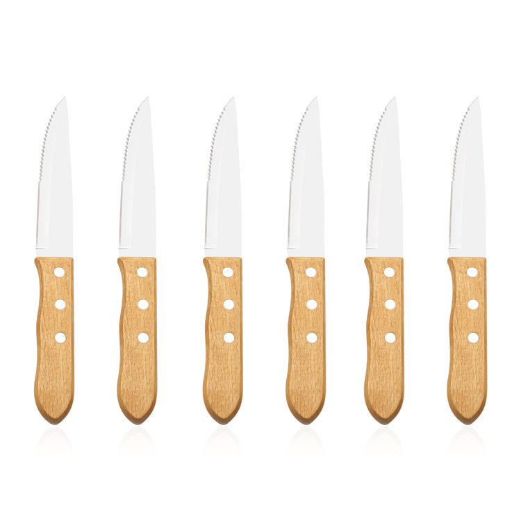 Factory pine wood handle half-sharpened half-serrated steak knife, steak table knife, Western cuisine knife tableware Item Picture