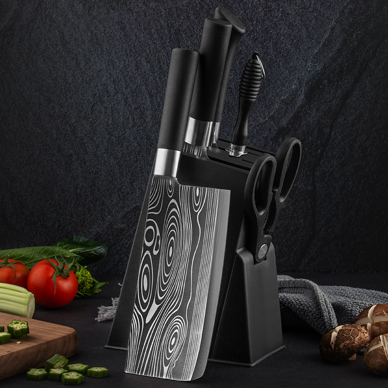 German kitchen knife, Damascus laser-patterned all-steel knife set, household patterned steel bone chopping knife, slicing knife details Picture