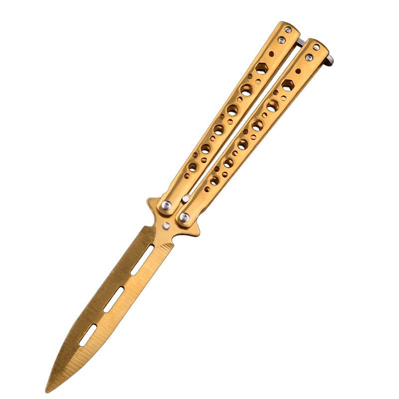 The manufacturer's CSGO game double-pointed butterfly knife tool is made of stainless steel. It is used for training without cutting edges, folding knives, swinging knives, and folding knives Item Picture