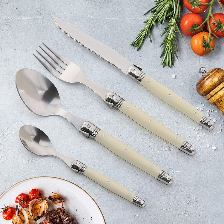 Stainless steel household Western-style knife, fork, spoon and spoon set, black plastic handle steak knife, steak fork, spoon and steak knife Application Scenario