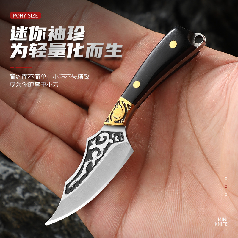 New mini keychain straight knife pendant, sharp express unboxing knife, exquisite brass and wood pattern knife full figure