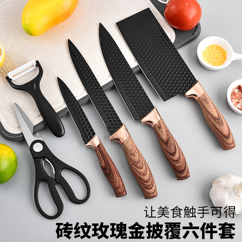 Wholesale foreign trade cross-border kitchenware six-piece set with round barrel knife holder, cover handle kitchenware, kitchen knife, chef knife, kitchenware set details Picture