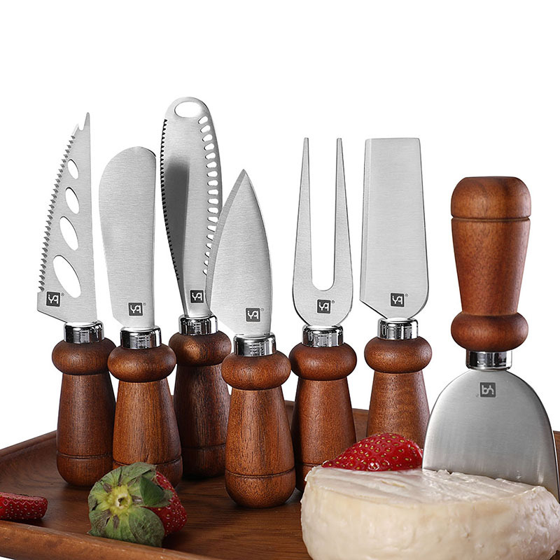 High-quality cross-border in-stock cheese knife, cheese knife, acacia wood butter cutter, stainless steel cheese knife and fork, titanium-coated details Picture