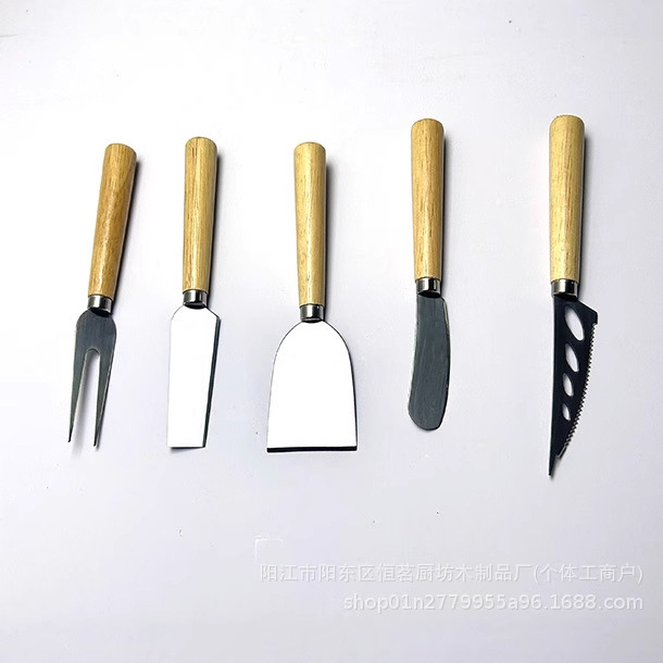Manufacturer's stainless steel wooden handle cheese knife set, cheese pizza cake small knife, fork, spatula tools, butter and butter spatula Specification drawing