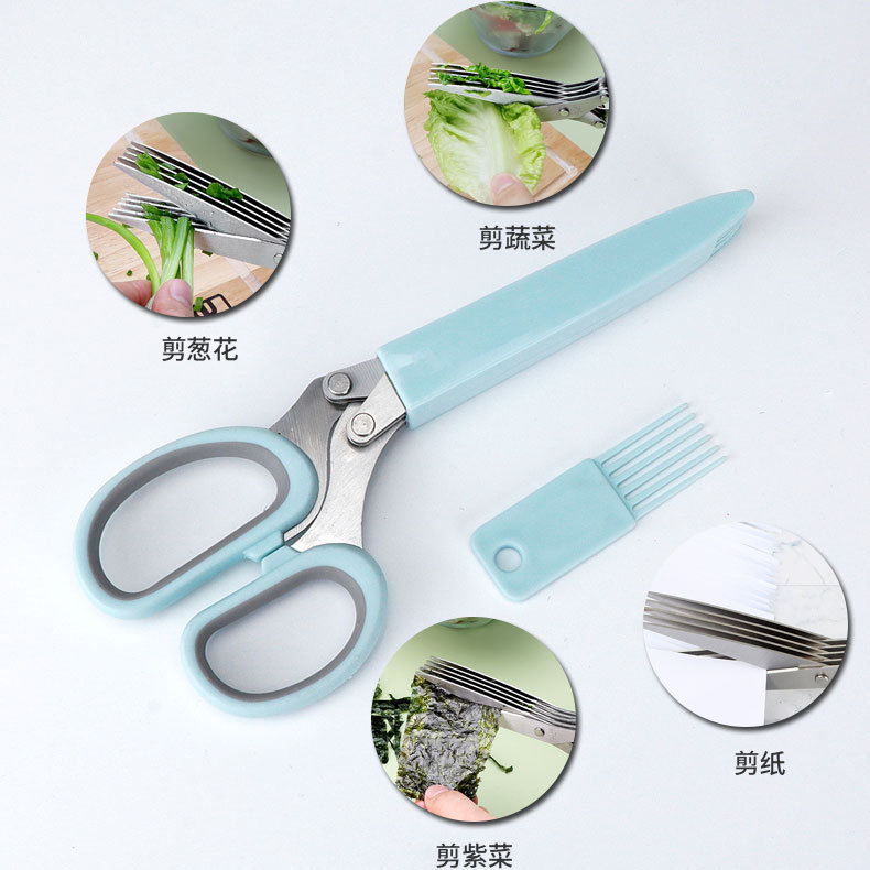 Five-layer kitchen scallion scissors, stainless steel multi-functional paper shredder, food cutter, leek, coriander, children's complementary food scissors Specification drawing