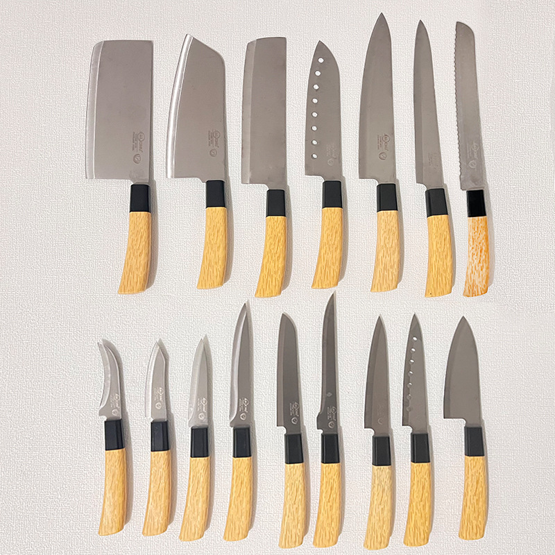Yangjiang in-stock banana handle kitchen knife set, plastic handle fruit knife set, kitchen knife and chef knife 16-piece set Specification drawing