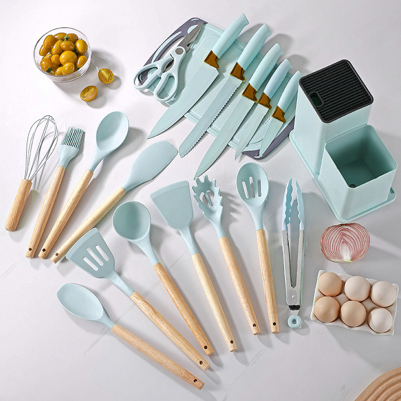 Cross-border knife set of 19 pieces, silicone high-temperature resistant kitchenware, non-stick cookware, cooking spatula and spoons, storage bucket combination kitchenware Specification drawing