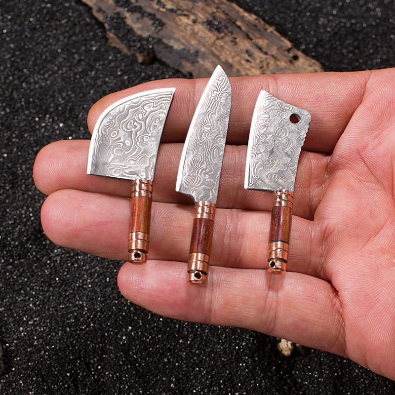 Sandalwood, purple copper handle, Damascus steel mini sharp miniature knife, portable accessory, unpacking and unboxing knife full figure