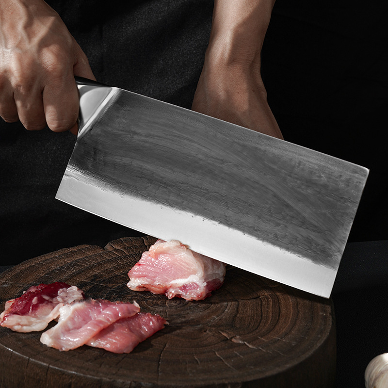 Hand-forged kitchen knife, sharp meat slicing knife for household kitchen, solid wood handle, hammer-patterned kitchen bone cutting tool Specification drawing