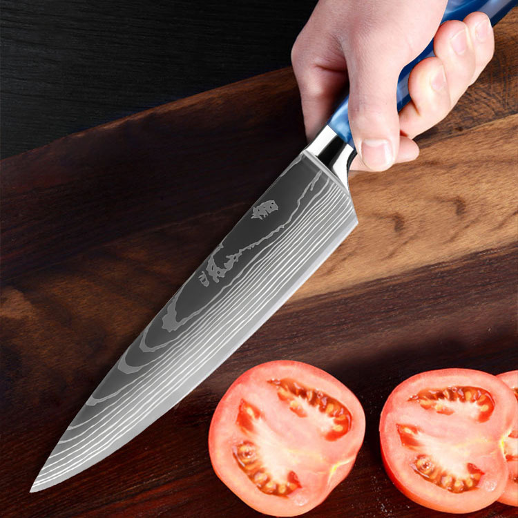 Stainless steel blue resin handle chef knife, meat and fruit slicing, all-purpose bone-removing kitchen knife 10-piece set, cross-border knives Specification drawing