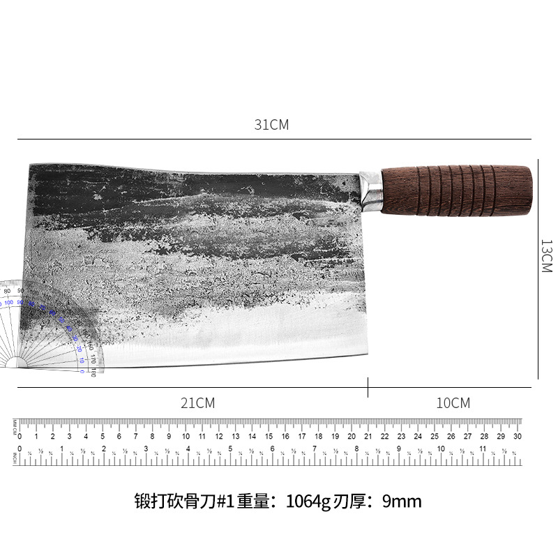 Jiujiang curved knife forging, traditional handcrafted kitchen knife, chef's special knife for cutting chicken, duck, roast meat, cooked food, chopping knife, household use Specification drawing
