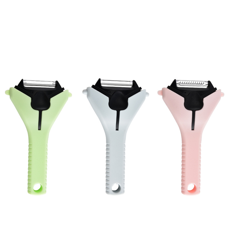 Plastic-handled fruit and vegetable grater, easy to store, three-in-one stainless steel cucumber grater, multi-functional peeler, and scraper Item Picture