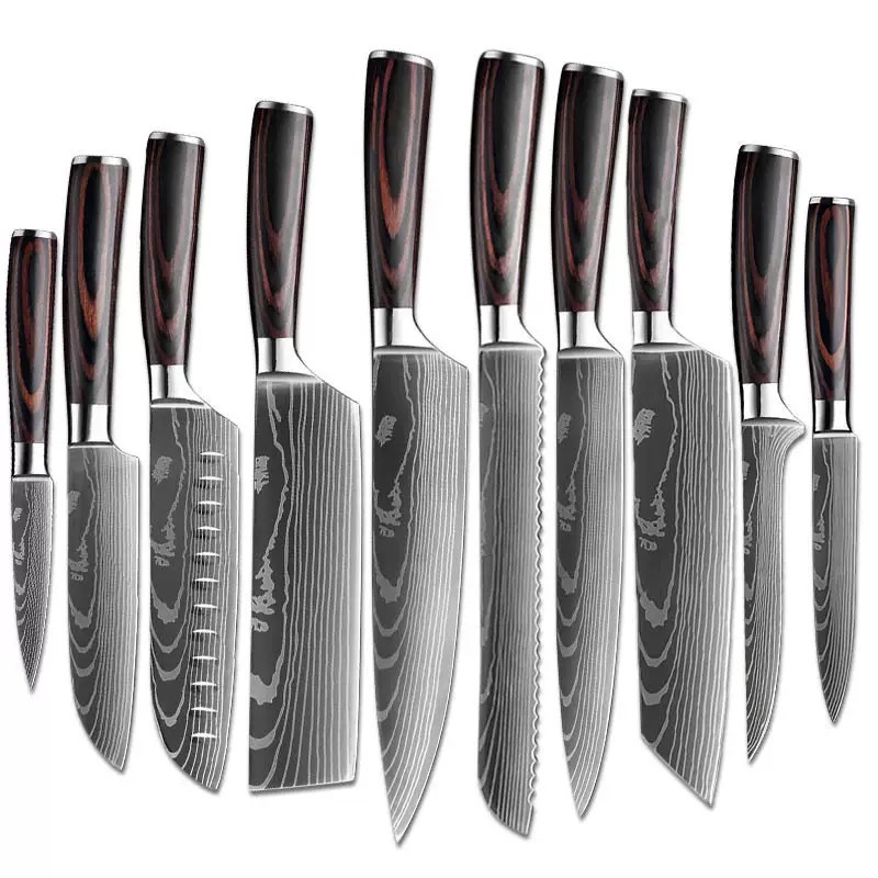 Cross-border Damascus colored wood chef knife set, Japanese cooking knife, fruit knife, kitchen knife, stainless steel knife set full figure
