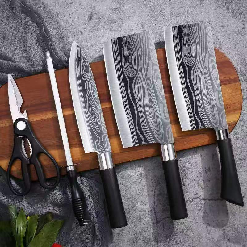 Wholesale of kitchen five-piece sets of stainless steel knives, household damask pattern knives, chopping knives, kitchen knives, chicken bone scissors full figure