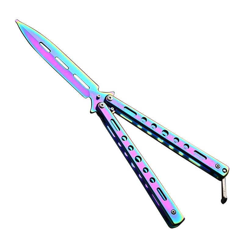 ✅ Butterfly knife csgo folding knife unedged practice self-defense swinging toy knife All-steel flower style beginner training comb Item Picture