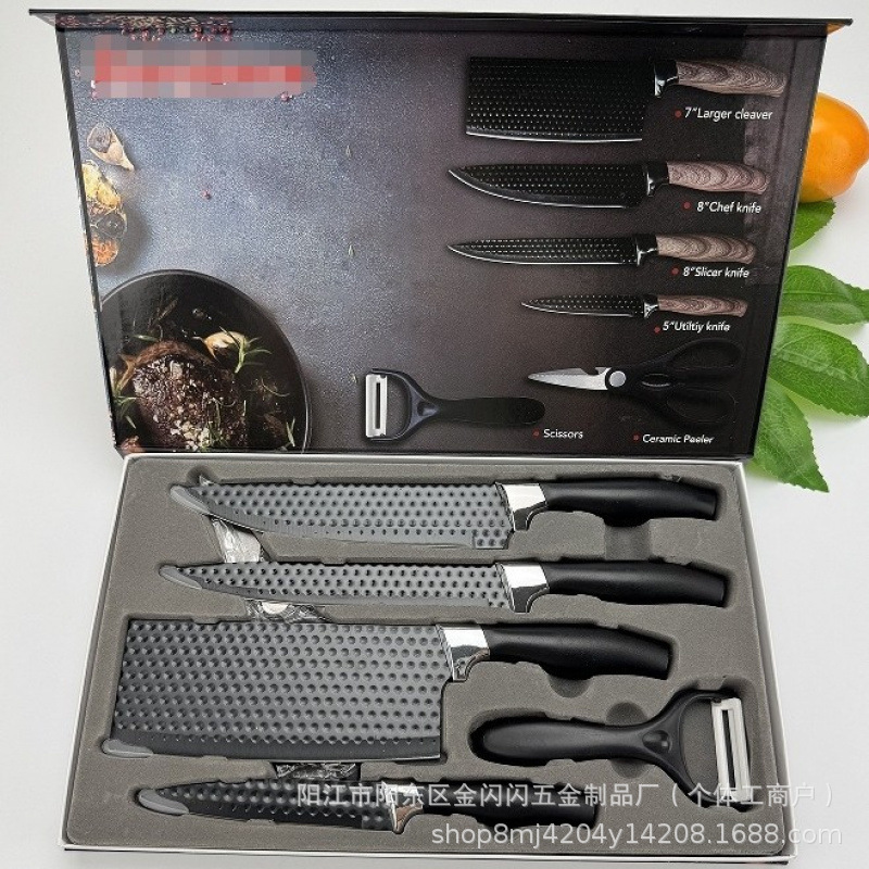 Cross-border best-selling stainless steel fat-coated handle six-piece set of kitchen knives, chef's fruit knives and kitchen knife sets details Picture