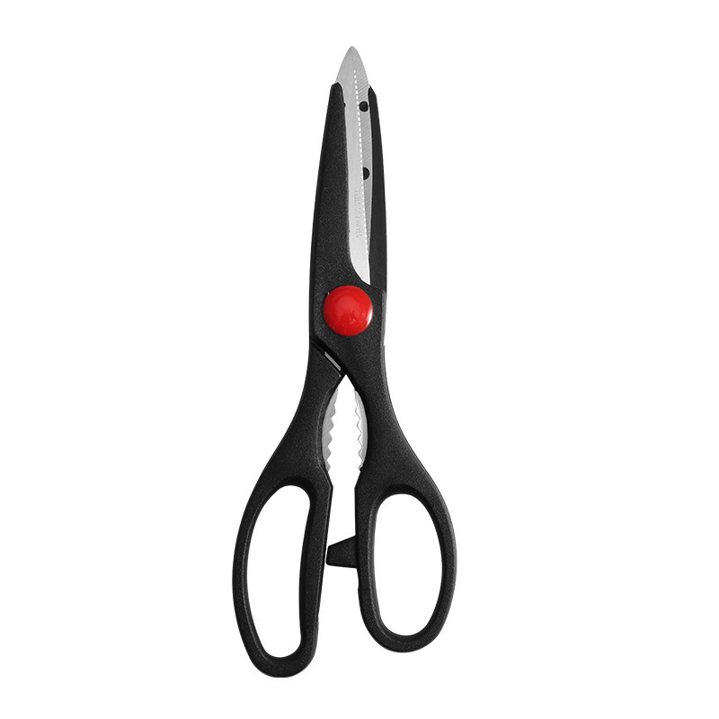 Factory wholesale stainless steel multi-functional kitchen scissors 9110. The scissors can hold walnuts and are multi-purpose kitchen scissors full figure