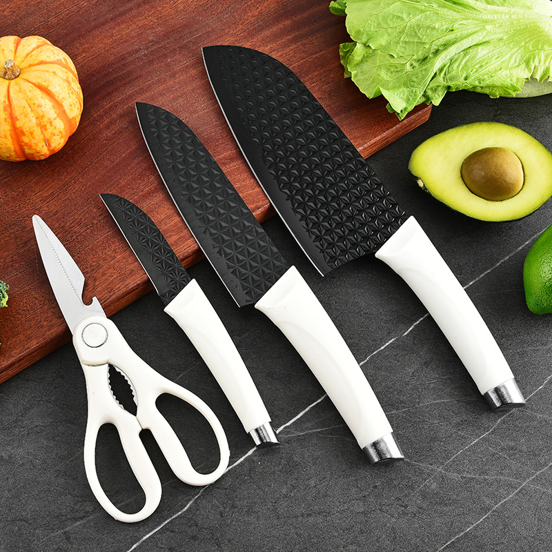 Cross-border bestseller knife set: Stainless steel seagull handle with cylindrical knife holder, five-piece set for household kitchen knives in stock details Picture