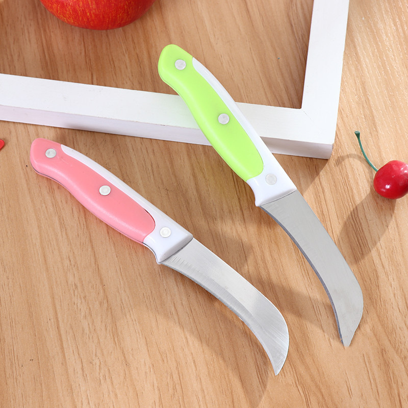 Color plastic handle three-nail stainless steel fruit curved knife, household fruit banana peeler, pineapple curved knife wholesale full figure