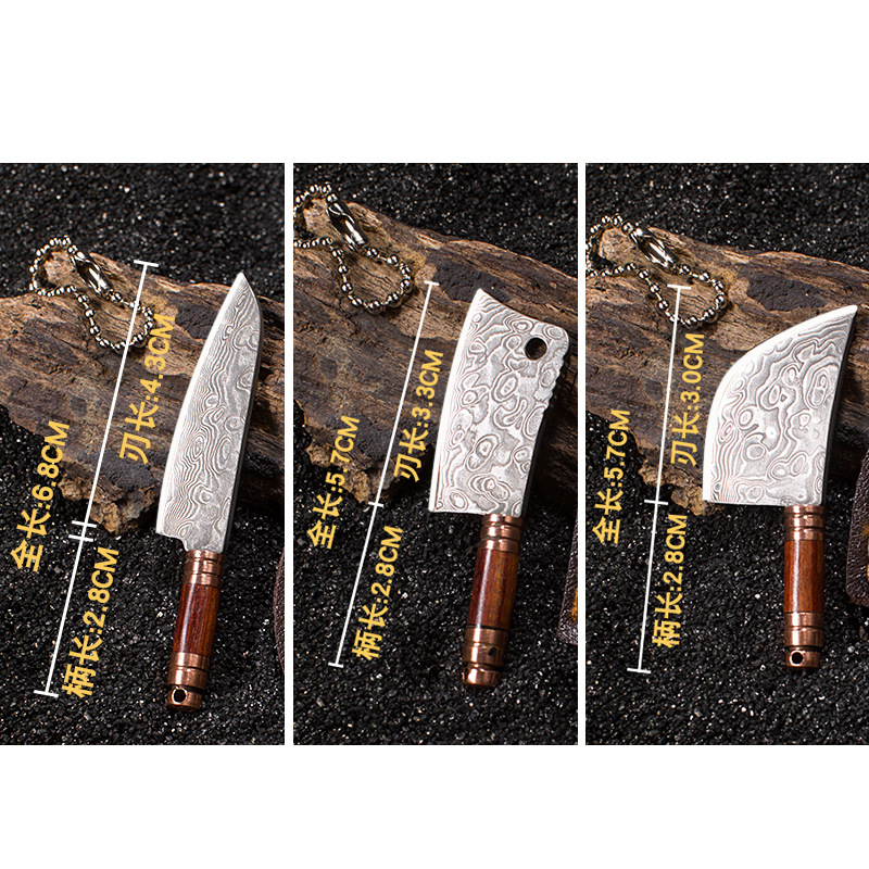 Sandalwood, purple copper handle, Damascus steel mini sharp miniature knife, portable accessory, unpacking and unboxing knife details Picture