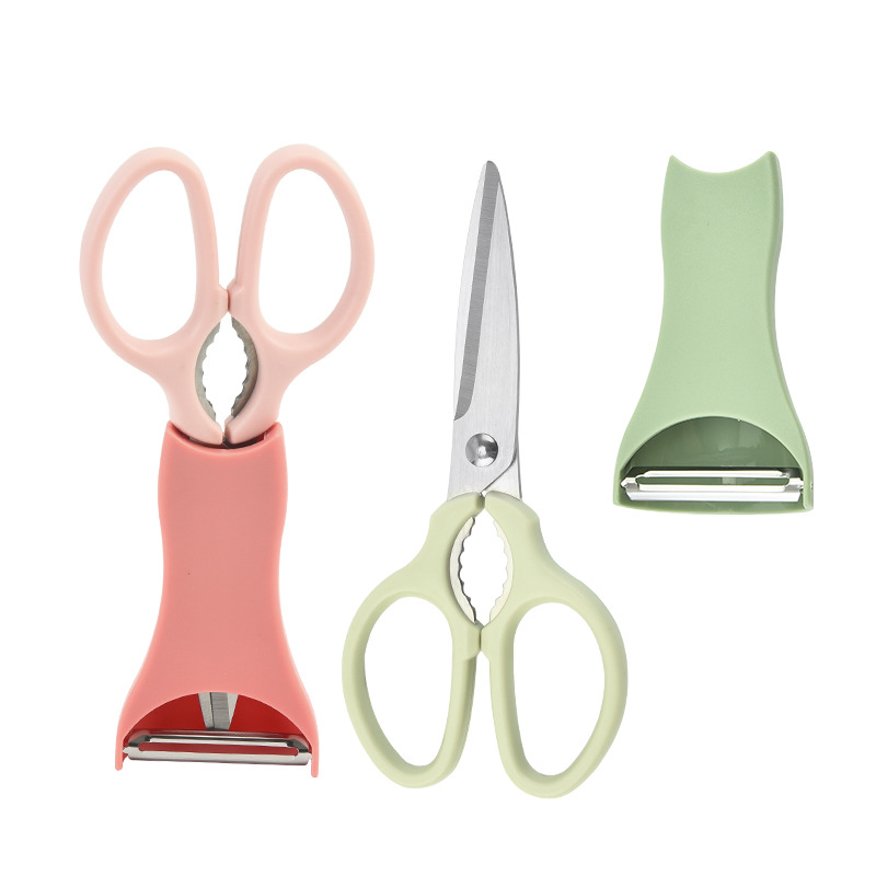 Two-piece set of kitchen scissors and melon peels, stainless steel multi-functional household scissors, food scissors, kitchen scissors Item Picture