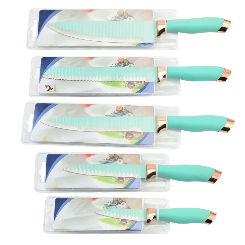 Tiffany Blue double-sided color-absorbing card kitchen set, double electroplated head wavy rose gold stainless steel knife Item Picture