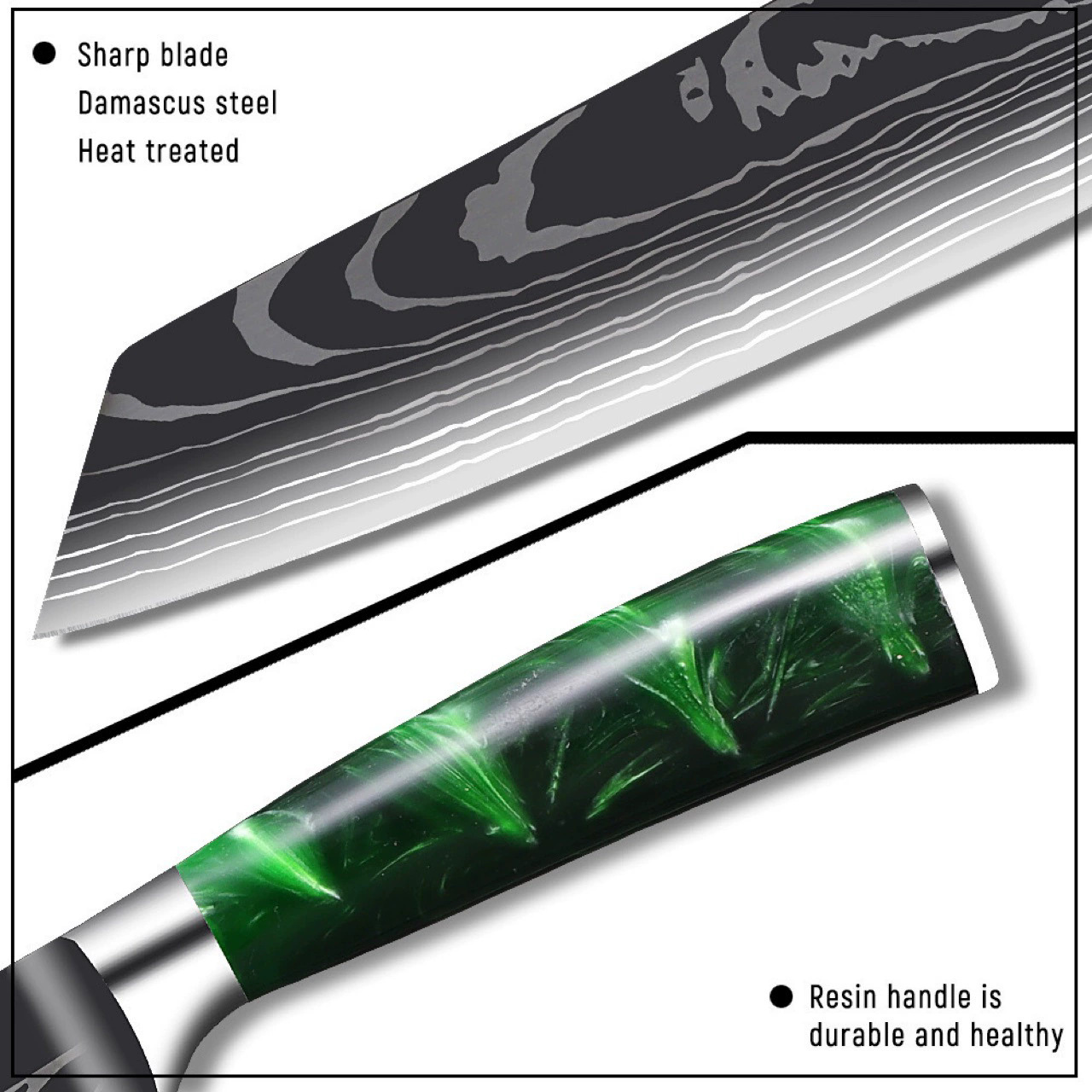 New resin handle Damascus laser pattern chef knife, Santoku knife 4Cr14 stainless steel set knife Specification drawing