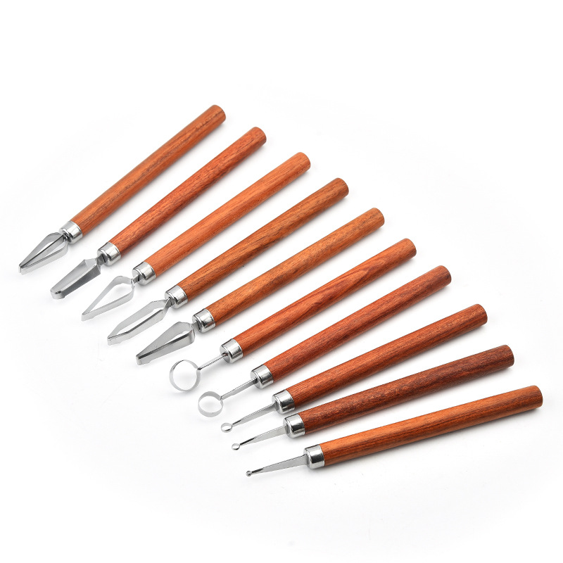 Wholesale of ten-piece set of wooden handle engraving and drawing knives, stainless steel fruit and vegetable platter engraving knives, chef's edge drawing and wire drawing knives Item Picture