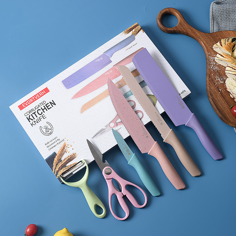 Export kitchen knife set, color wheat straw six-piece set, cooking color spray-painted knife gift box full figure
