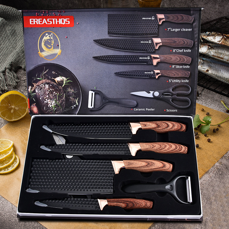 Wholesale foreign trade cross-border kitchenware six-piece set with round barrel knife holder, cover handle kitchenware, kitchen knife, chef knife, kitchenware set full figure
