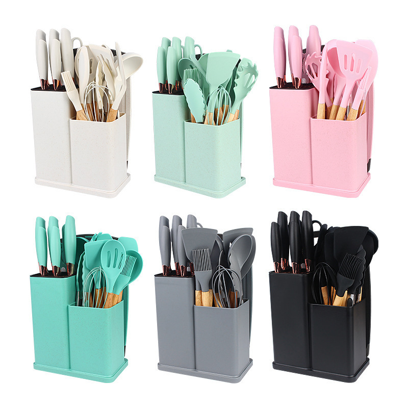 Cross-border knife set of 19 pieces, silicone high-temperature resistant kitchenware, non-stick cookware, cooking spatula and spoons, storage bucket combination kitchenware Item Picture